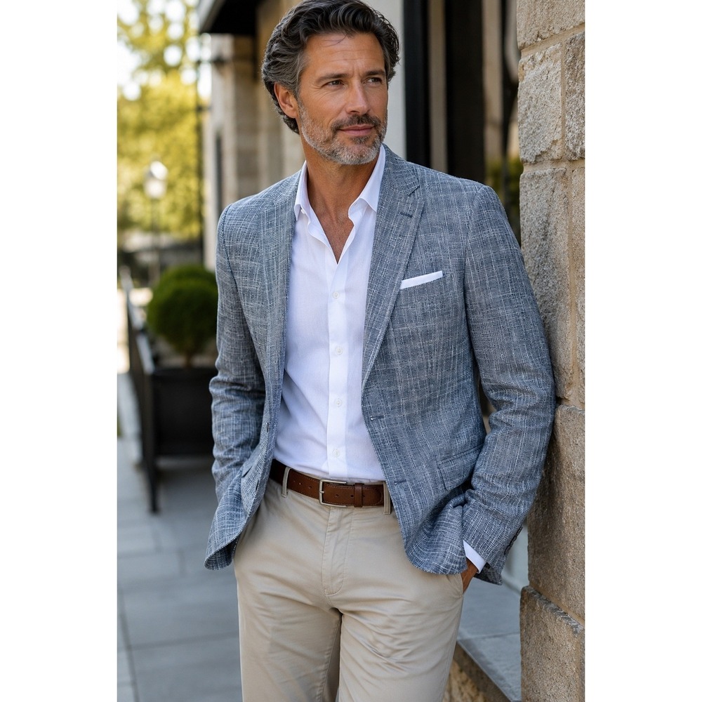 John Varvatos USA Mens 40R Bond-JF Blue Linen Blend Textured Blazer Sport Coat